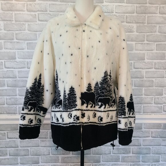 Vintage Andrea Faye Fleece Jacket Fleece Bears Winter Trees Cozy Zippered XXL - Picture 9 of 10